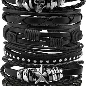 6 Punk Leather Bracelets for Women Men Braided Wristband Skull Skeleton‎